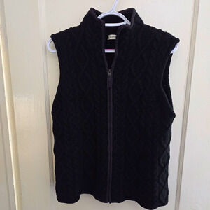 Orvis Black 100% Wool Cable Knit Fisherman Sweater Vest Full Zip Sz. Small 65P4